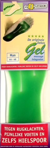 Groene massage vloeibare gel Inlegzolen van Dekos, tegen, rugpijn ,  gewrichtspijn en zelfs hielspoor